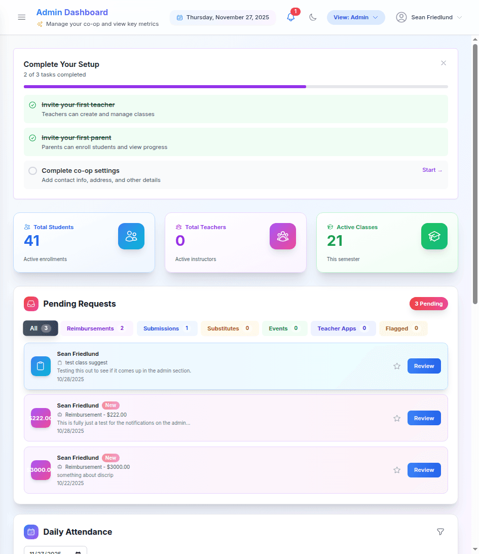 HSCoopHQ Dashboard - Admin view showing stats, pending requests, attendance, and announcements