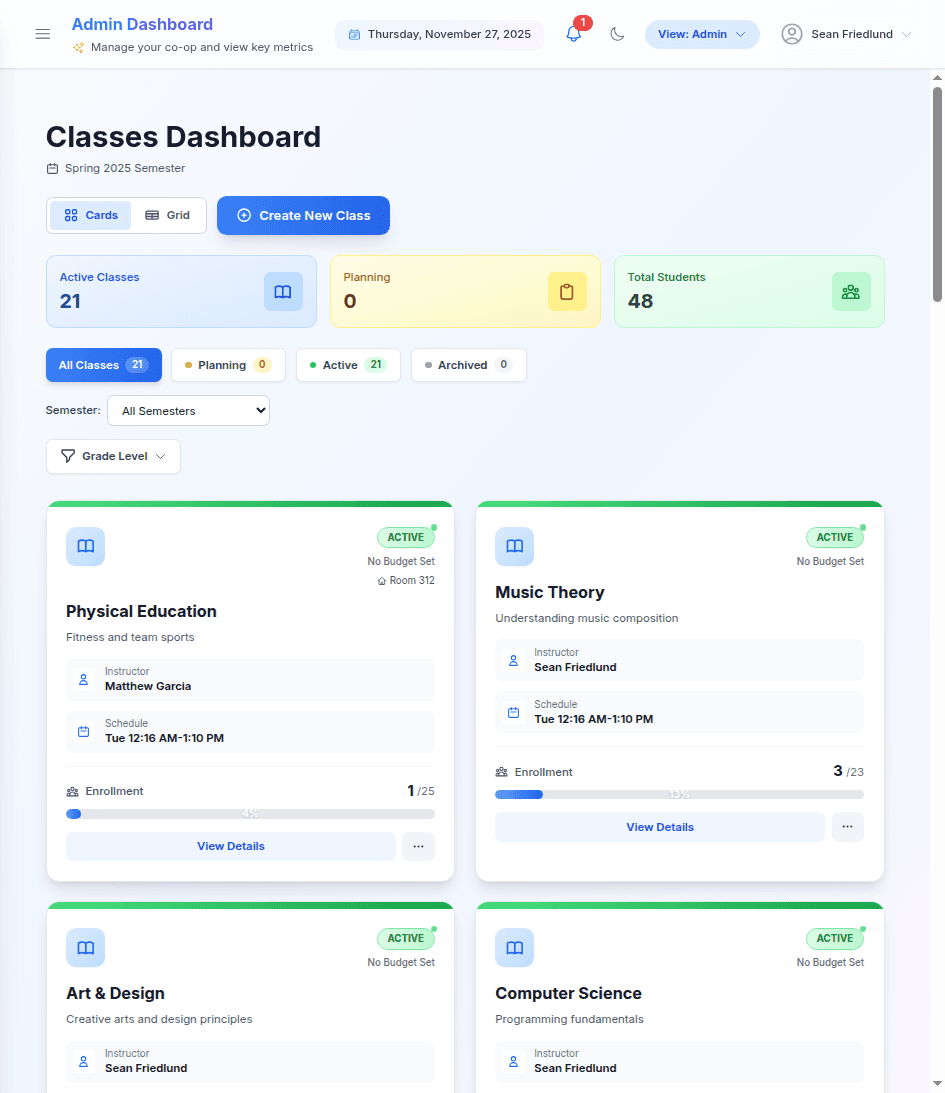 HSCoopHQ Dashboard - Admin view showing stats, pending requests, attendance, and announcements